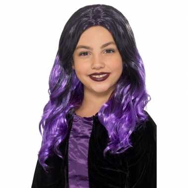 Goedkope halloween lange zwart paarse meisjespruik krullen
