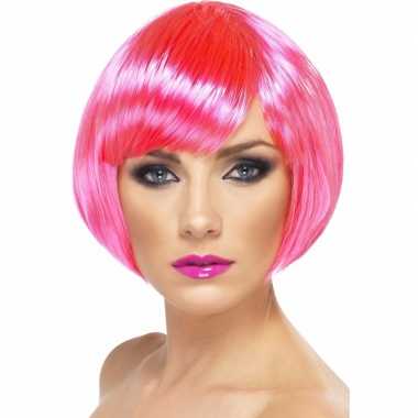 Goedkope neon roze korte dames pruik boblijn
