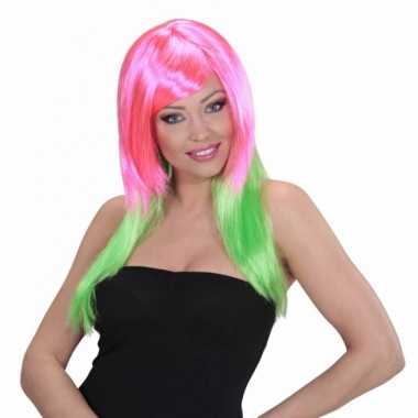 Goedkope  Roze groene pruik dames