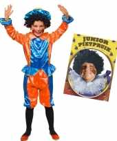 Goedkope set blauw oranje kids jr pietenpak pruik