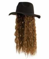 Goedkope zwarte verkleed hoed pruik lang bruin haar